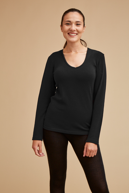 T-shirt laine mérinos manches longues col V pour femme