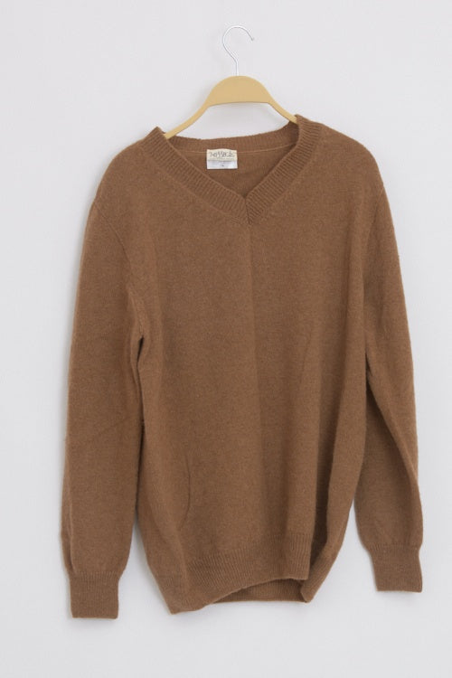 Pull laine chameau col V homme