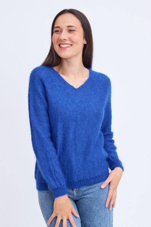 Pull en laine mohair col V pour femme