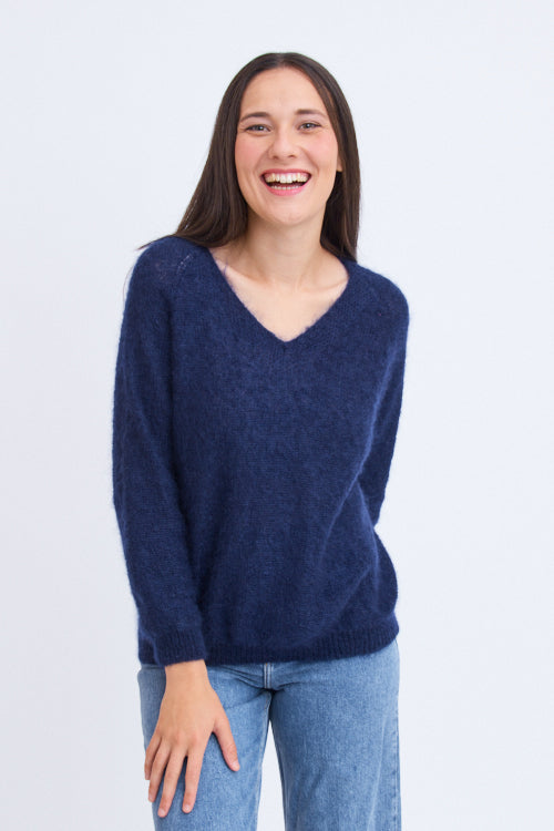 Pull en laine mohair col V pour femme