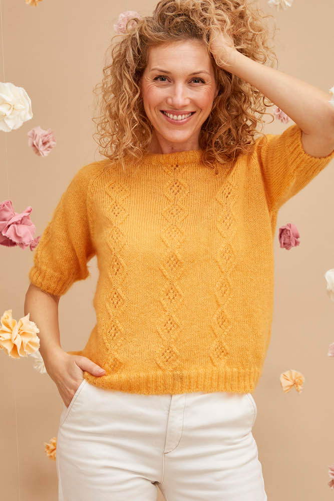 Pull en laine manches courtes ajouré pour femme